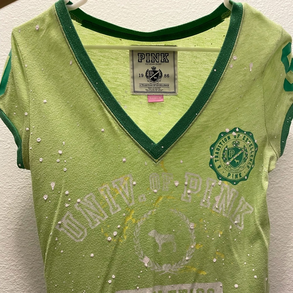 PINK Victoria Secret Lime Green V Neck Top